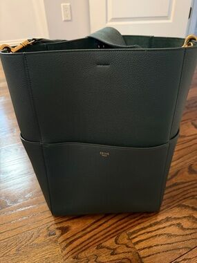 CELINE Soft Grained Calfskin Sangle Bucket Bag in dark green, large